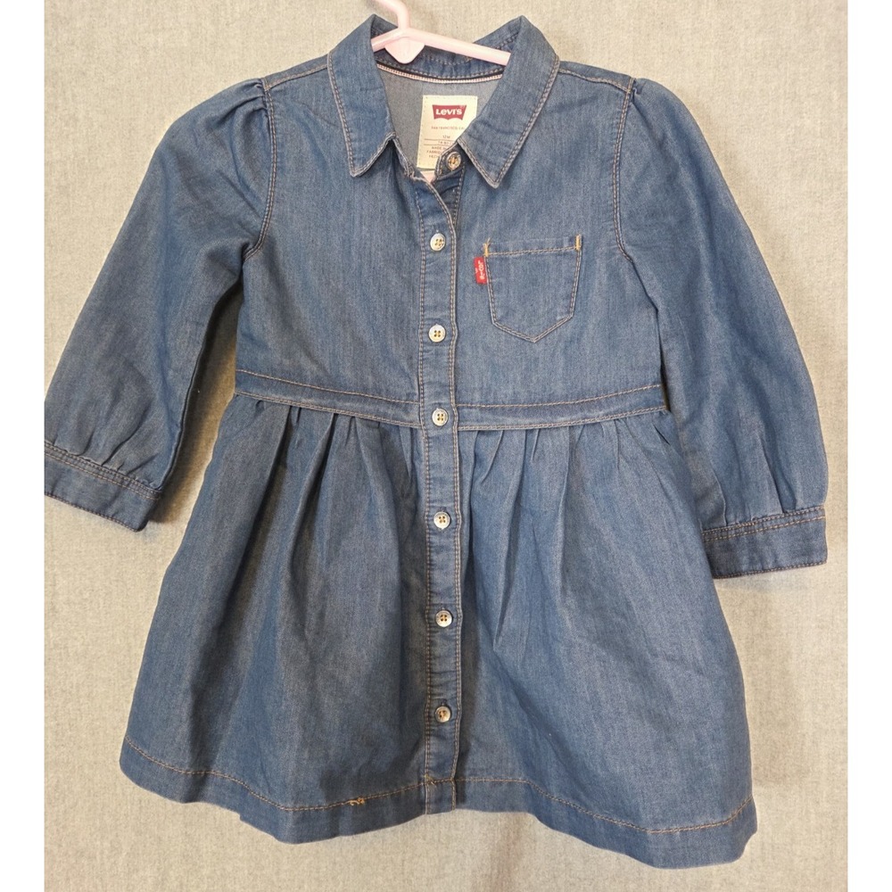 Levi's Denim Dress 12 Months Girls Blue Jean Button Pocket Western Red Tab Logo - Picture 1 of 7